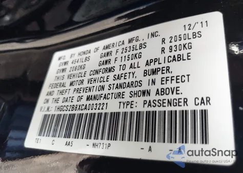 2012 Honda Accord 3.5 Ex-L from USA, damaged, VIN 1HGCS2B8XCA003221